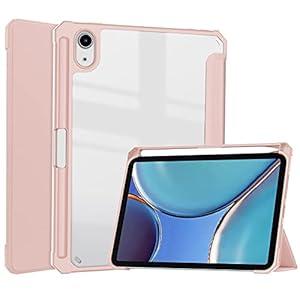 Dteck for iPad Mini 7/ 6th Generation (A17 Pro/ A15) Case 2024/ 2021 Release (8.3"), Clear Back Cover Folio Case with Auto Sleep Wake/ Stand Function & Pencil Holder, Protective Slim Cover, Rosegold
