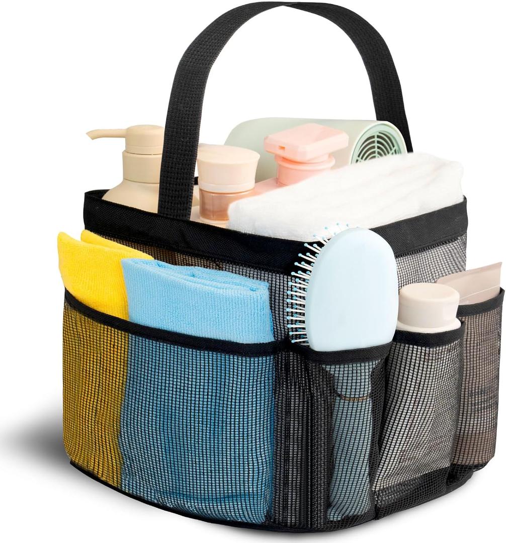 Mesh Shower Caddy Portable for College Dorm Room Essentials for Girls with 9 Pockets,Large-Capacity Shower Basket,Quick Dry Toiletry Tote Bag for Women,Outdoor Gym,Travel,Swim,Beach Camping Essentials (Black)
