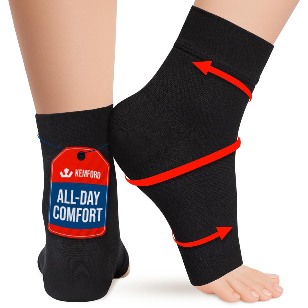 KEMFORD Ankle Compression Sleeve - Plantar Fasciitis Braces - Open Toe Compression Socks for Swelling, Sprain, Neuropathy, Foot Arch Support for Men and Women - 15-20mmhg, 2XL, Black (XX-Large)
