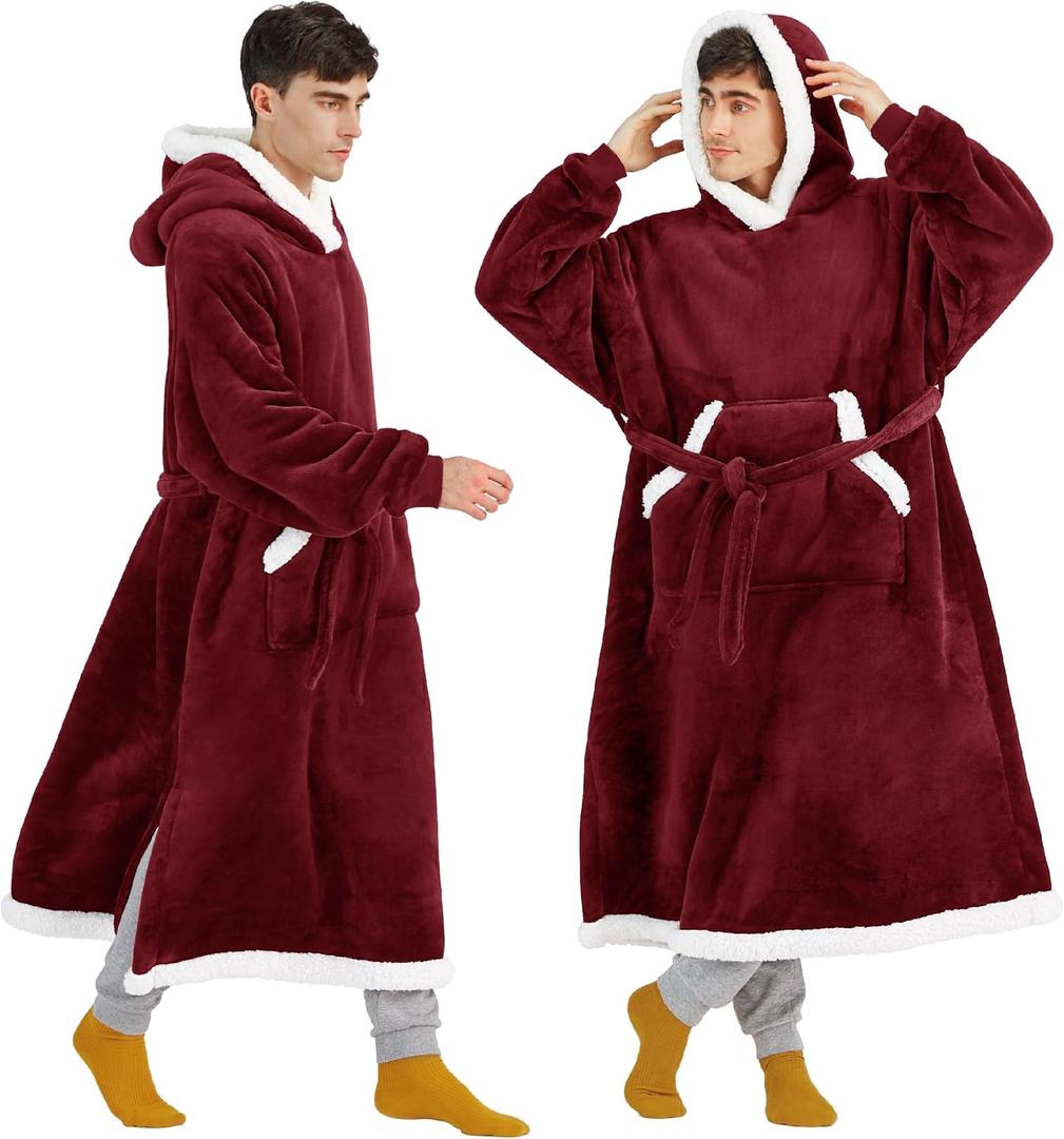 Bedsure Wearable Blanket Hoodie, Long Hooded Blanket Sweatshirt as Christmas Birthday Gifts for Men, Cozy Sherpa Hoodie for Adult, Oversize, Burgundy