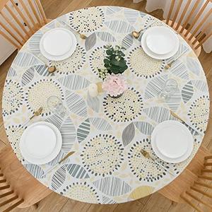 LIBERECOO Round Vinyl Fitted Tablecloth with Flannel Backing Elastic Edge Table Cover Waterproof Stain-Resistant Wipeable Tablcloths Fits Round Tables