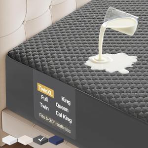 OhGeni 100% Waterproof Mattress Protector, Twin XL-Gray Size Mattress Pad, Fits 6"-20" Mattresses with Deep Pocket, Cooling, Breathable Fitted Sheets, Soft Bed Cover, Noiseless, Machine Washable