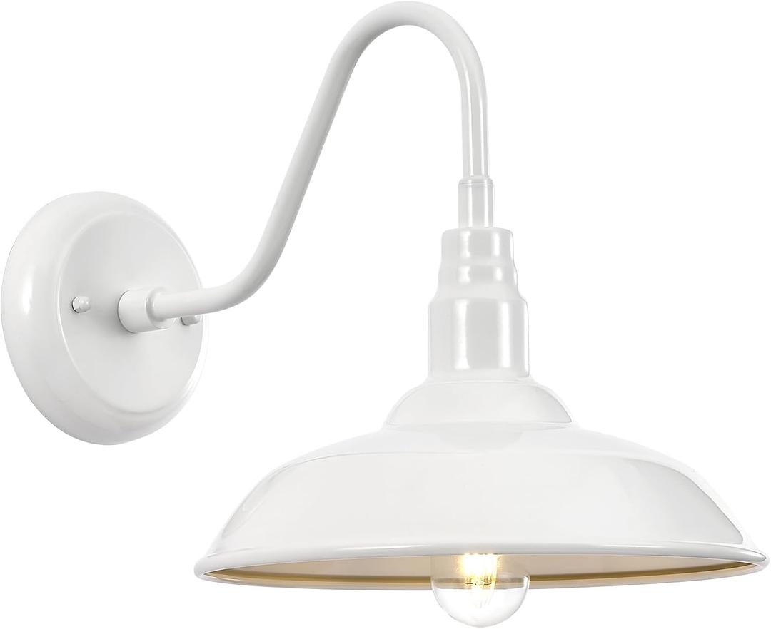10'' Diameter Outdoor Gooseneck Barn Light Fixture with Wall Mount, White Exterior Waterproof Porch Barn Door Wall Lantern, Farmhouse Outdoor Wall Sconce, 1 Pack, LM2201-WH
