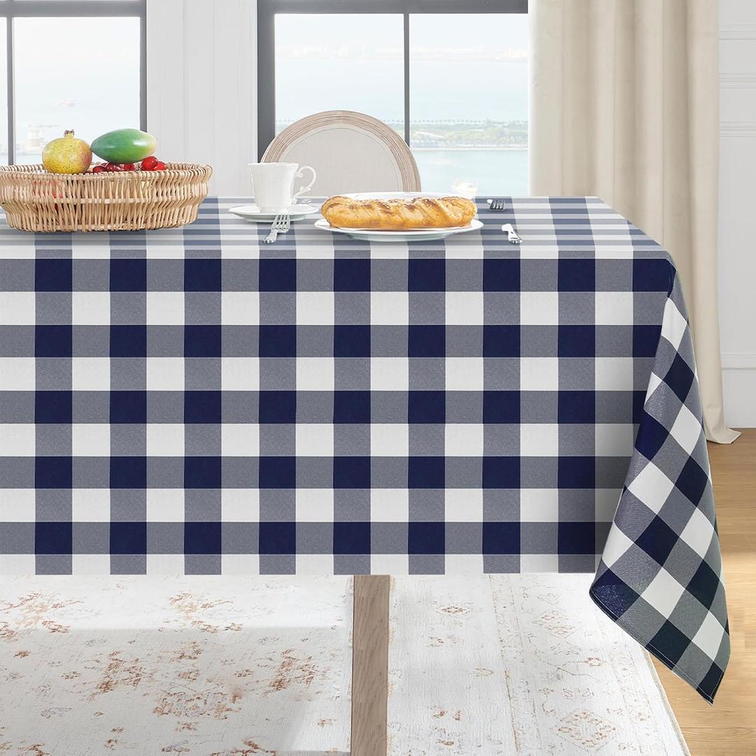 Softalker Gingham Checkered Tablecloth Rectangle - Outdoor Waterproof Buffalo Plaid Table Cloth, Stain Resistant Washable Table Cover for Picnic, Camping, Dining - Navy Blue and White, 60 x 102 Inch