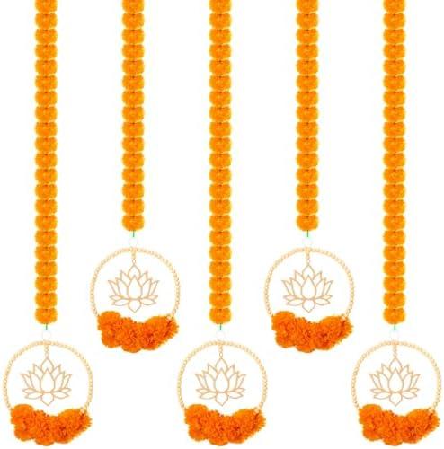 Juinte 5 Pcs 69.6 Inch Diwali Artificial Marigold Garland with Lotus Wood Bead Hanging for Decoration Artificial Flowers Long Strands Indian Pooja Ganesh Decor for Indian Wedding Pooja Christmas Party