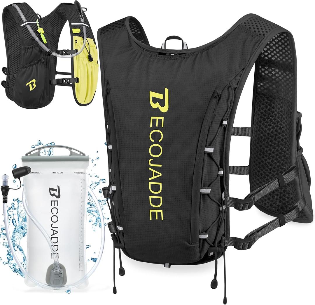 BECOJADDE Running Vest Hydration Backpack for Men Women, 5L Lightweight Running Backpack Hydration Pack for Marathon, Trail, Cycling, Hiking, Jogging (5l Running Vest With One 1.5l Water Bag, Black)