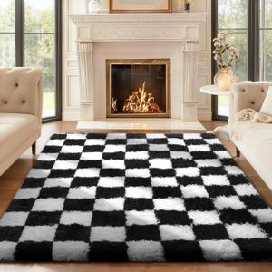 Ophanie Checkered Black & White Rug for Living Room Bedroom, Fluffy Soft Cute Fuzzy Area Rugs, Shag Plush Shaggy Bedside Floor 4x6 Furry Carpet for Kids Baby Teen Dorm Nursery Home Decor Aesthetic