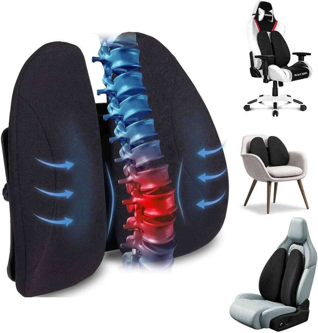 Ergonomic Back Support for Office Chair - Lumbar Pillow for Posture Correction and Lower Back Rest, Adjustable Height, Back Cushion Pad with Straps for Home, Office, Car, Black