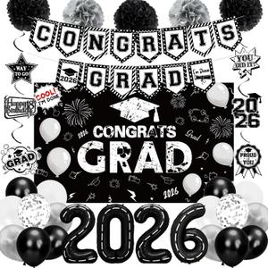 Holkcog 2026 Graduation Decorations, Black Class of 2026 Congrats Graduation Cool Backdrop, Balloons, Paper Pompoms for Graduation Party Decorations, Black White Theme College Grad Party Decorations