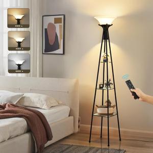 Floor Lamp with Shelves, 69 Tall Shelf Lamp with Remote Control, 3-Tier Glass Shelf Lamp, Dimmable Torchiere Floor Lamps for Living Room, Bedroom, Office, Adjustable Color Temperatures Bulbs Included