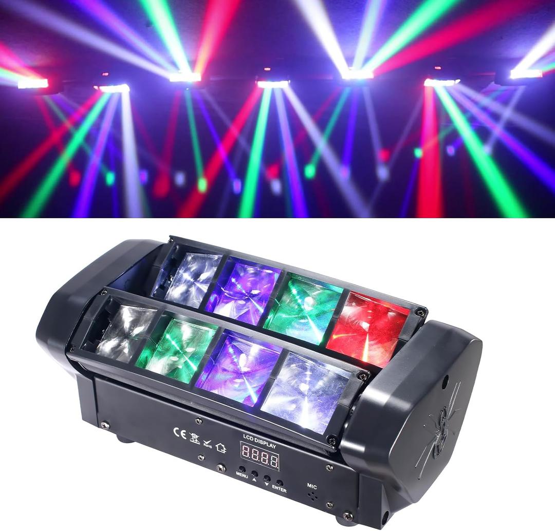 Mini Spider Moving Head Light 8x5W Beam LED Stage Lights RGBW Sound Activated DMX-512 Control for DJ Party Bar Disco Show Wedding Event Stage Lighting