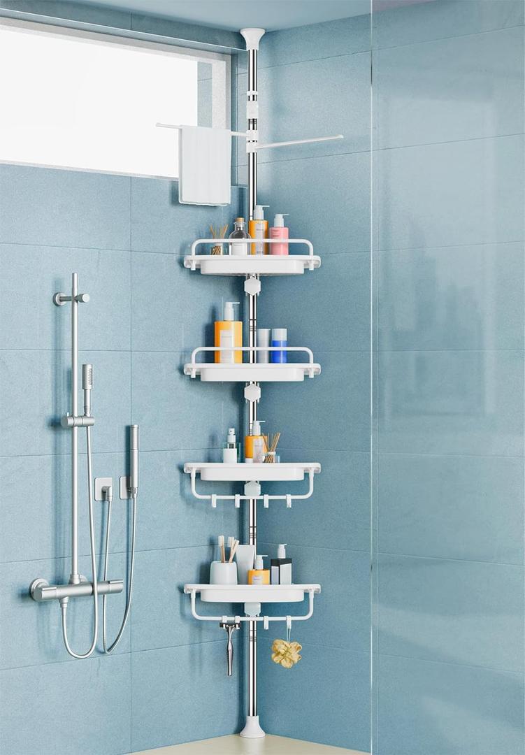 32-122inch Corner Shower Caddy Tension Pole White, Rustproof Drill-Free Shower Shelves for Bathroom Bathtub Washbasin, Adjustable Shower Organizer with 4 Tier Patent Stable Shelves & Towel Bars