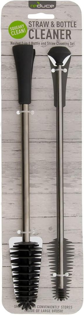 Reduce Straw & Bottle Brush Set - 2-in-1 Large and Small Set, Ideal for Straws Plus Water & Sports Bottles, Tumblers - Hygienic Silicone, Non Scratch - Small Brush Stores Inside Large Brush