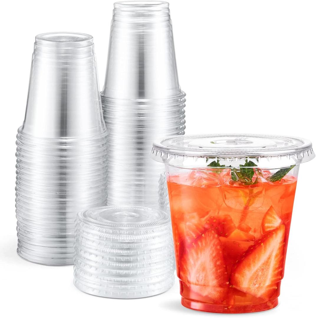 Eupako 8 oz Plastic Cups with Lids 100 Sets, Disposable Clear Cups with Lids, Cold Drink Containers for Beverage, Parfait, Smoothie (8 OZ (Pack of 100))