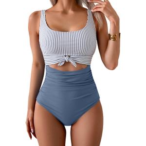 Eomenie Women's One Piece Swimsuit Tummy Control Slimming Bathing Suit Cutout Tie Knot Swimwear (Gray Blue Striped) XS