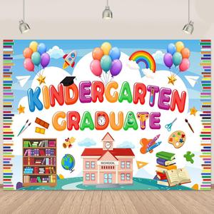 Colorful Kindergarten Graduation Backdrop for Kid Blue White Kindergarten Graduate Banner Colorful Balloons Preschool School Graduation Party Decorations Background Banner 5.9x3.6Ft