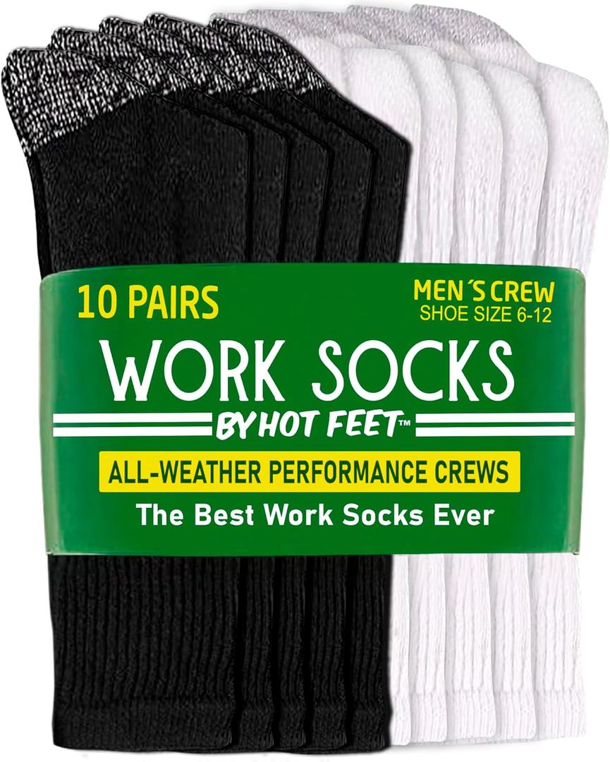 HOT FEET Work Socks for Men, Long All Weather Boot Crew Cotton Socks, Cushioned, Moisture Wicking, Stocking Stuffers (6-12.5, White/Black)
