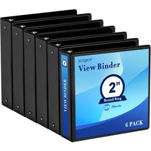 2 Inch 3-Ring Binder, 2" Round Ring Binder with 2 Inside Pockets, 6 Pack Black Binders, Clear View Cover, Holds Up to 450 Sheets 8.5" x 11" PaperStudy Binders for Office/Home/Back to School