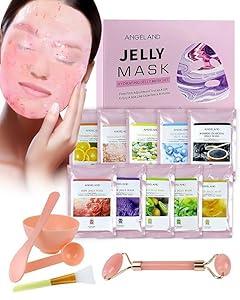 Jelly Mask for Facials Professional Natural Gel Masks - 10 Flavors Hydrating & Moisturizing Jelly Face Masks, Rose Hyaluronic Acid 24K Gold VC, Jelly Facial Mask with Jade Roller & Spatula Spa Use
