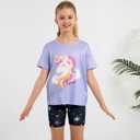 Girls Summer Outfits Cute Graphic Crewneck Short Sleeve T Shirts and Biker Shorts Set Colorful Athletic Outfit 11-12T