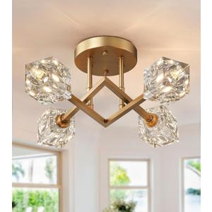 AMZASA Semi Flush Mount Ceiling Light,Gold Modern Crystal Chandelier Ceiling Light Fixtures for Entryway Hallway Dining Room Kitchen Living Room Bedroom (Brass 4-Light)