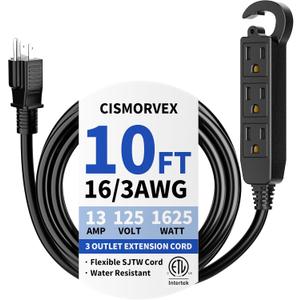 10 Ft 3 Outlet Outdoor Extension Cord Waterproof, Grounded Extension Cord with Multiple Outlets, 16/3 AWG 3 Prong Power Strip for Garden, Patio, Camping, 13A 125V 1625W, ETL Listed, Black