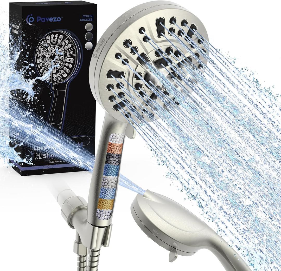 Pavezo High Pressure Shower Head Handheld 5" Large, 10-mode Portable Detachable Shower Head with Hard Water Filter, Extra Long 60" SS Hose, Anti-clog & Powerful to Clean Tile & Pets, Brushed Nickel
