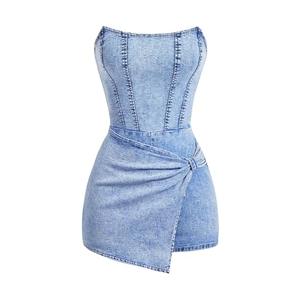 SOLY HUX Women's Y2k Tube Top Denim Romper Wrap Strapless Bodycon Short Jumpsuits Solid Blue Small