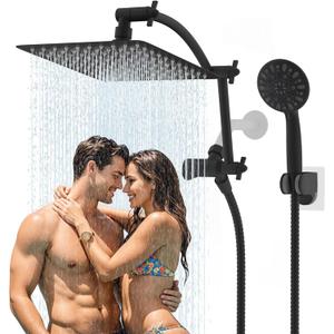 Hibbent All Metal Shower Head,10'' High Pressure Rain Shower Head/Handheld Showerhead Combo, 16'' Adjustable Arc-shaped Shower Extension Arm, 7-Spray, 71'' Hose Adhesive Showerhead Holder, Matte Black