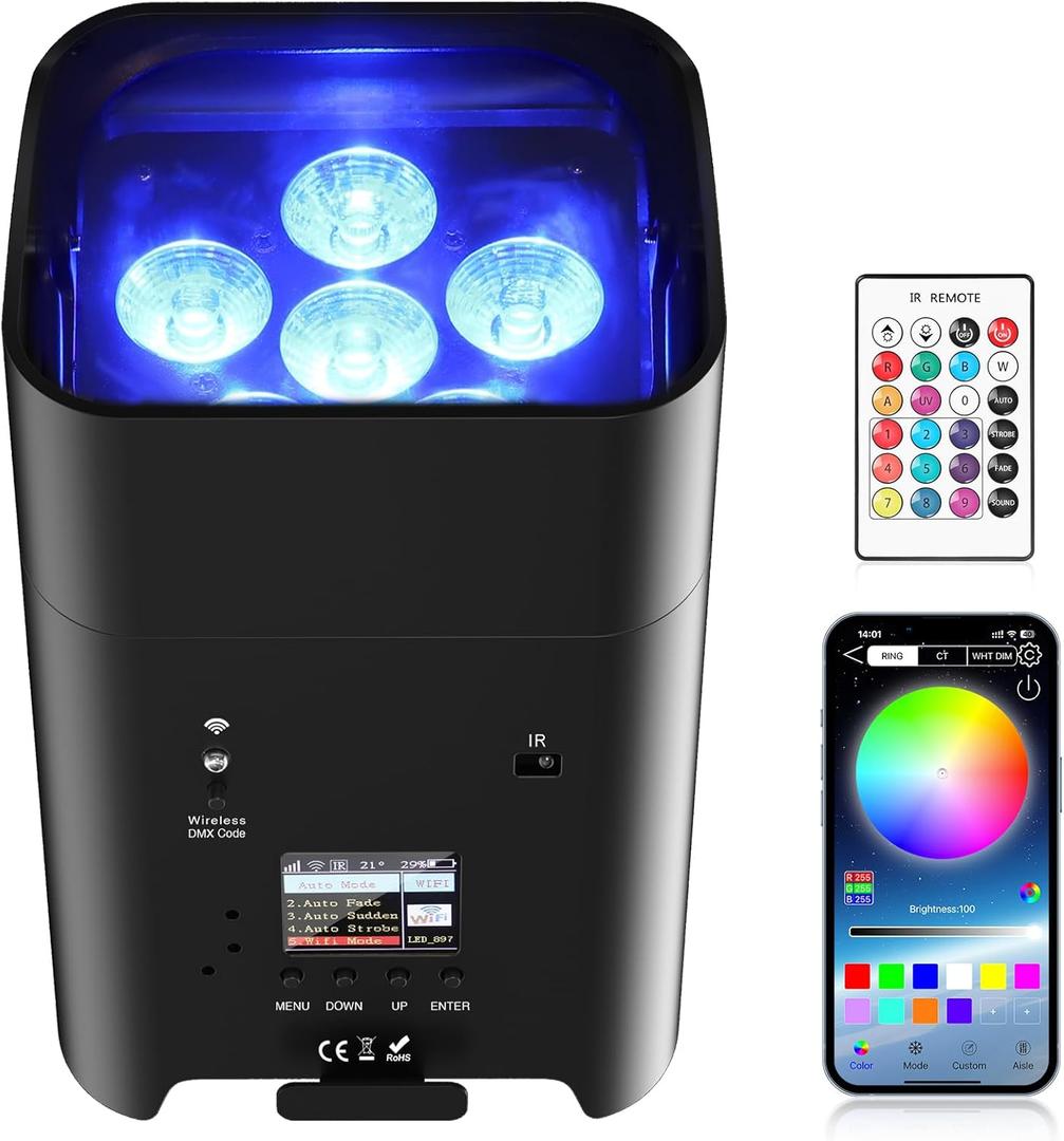 Battery Powered Uplights Rechargeable Par Can 6x18W RGBWA+UV LED Uplight 9600 mAh Remote/APP/DMX512 Control Stage Lights Uplighting Indoor for Wedding DJ Church Christmas Dance (1Pc)