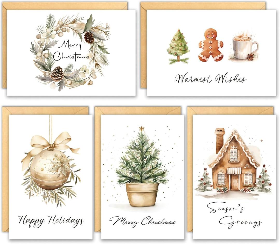 Christmas Cards with Envelopes, Pack of 25, 5 Designs Happy Holidays Greeting New Years Cards Boho Card- Send Warm Wishes to Friends Family and loved Ones, 4" x 6", Bulk