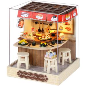 OZJAY DIY Miniature House Kit with Dust Proof Cover, 1:24 Scale Creative Room Mini DIY Wooden Dollhouse Miniature Kit for Adults Teen(Revolving Food House)