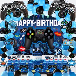 Video Game Party Decorations Set  75PCS Gamer Birthday Supplies with Gaming Backdrop, Table Cover, Hanging Swirls, Cake Toppers, Foil Balloons for Boys & Kids Party