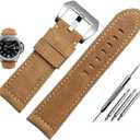 Niziruoup 26mm Watch Band Top Grain Leather Strap Compatible with Panerai Watch Band, Vintage Genuine Leather Replacement Watch Band for Men Khaki(Silver Buckle), 26mm