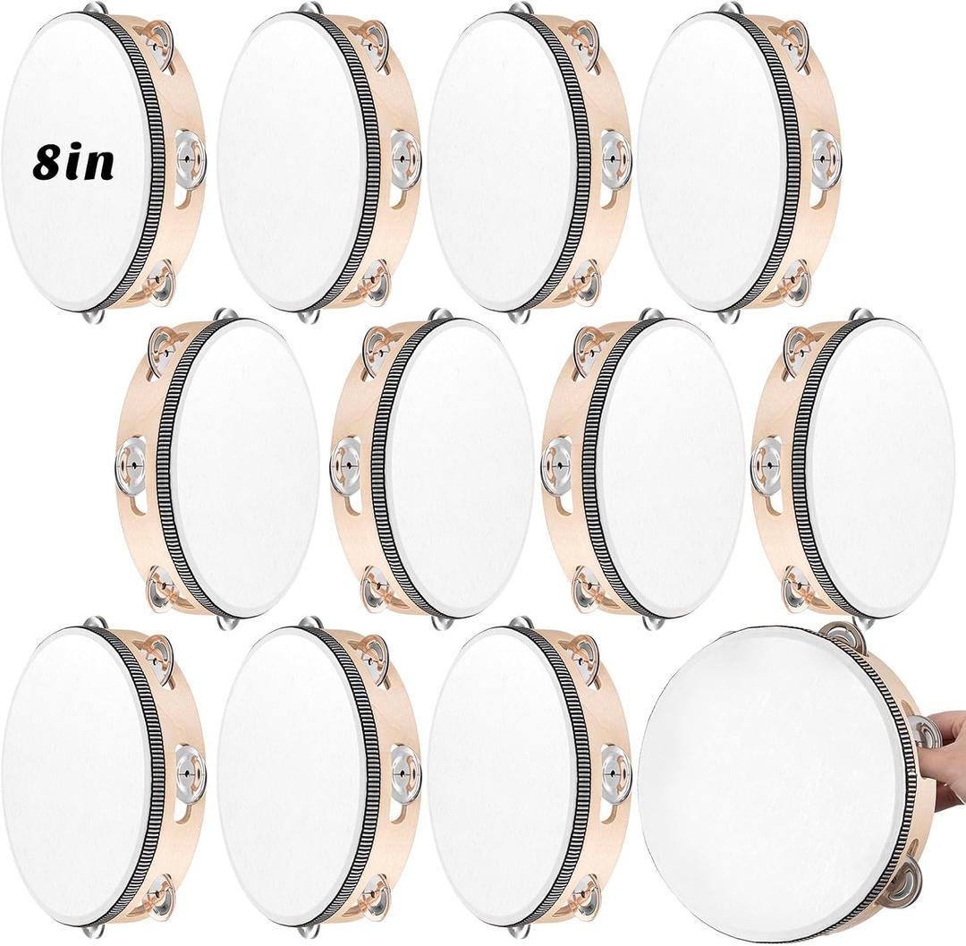 12 Pcs Tambourine Drum Bulk for Adults Hand Held Percussion Gift Operation Christmas Bulk Items Wood Metal Jingles Musical Educational Drum Instrument for Church Wedding Party Games(White)
