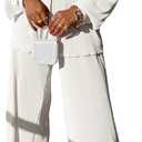 kaimimei Casual 2 Piece Outfit for Women - Linen Long Sleeve Button Down Shirt + Flare Pleated Wide Leg Pants Sets Streetwear (Large, White)