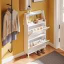 HHaotian Flip-Drawer Shoe Cabinet with Two Drawers & Open Shelves | Slim Hidden Shoe Rack Cabinet with Hook for Entryway, FSR221-W, 2-Drawers+Shelf