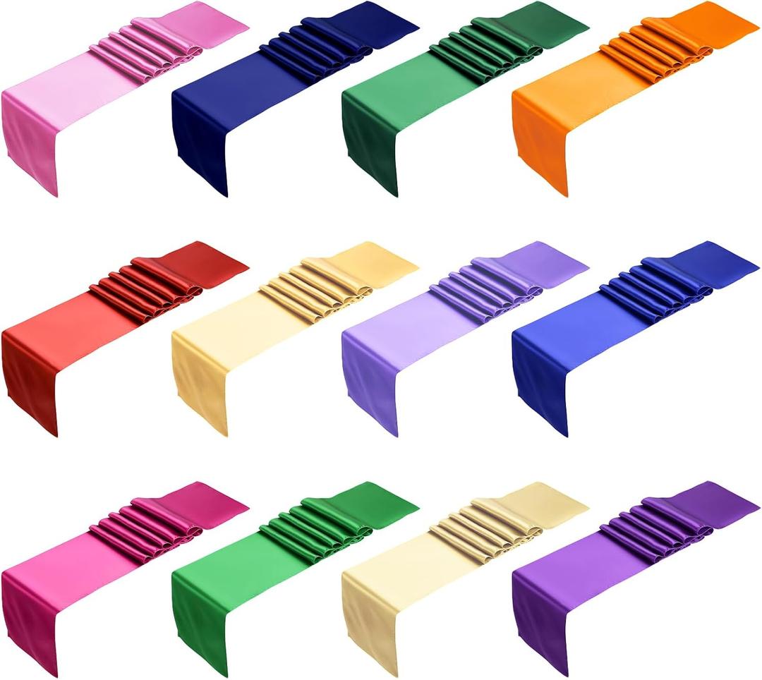 12 Pcs Satin Table Runner Colorful Table Runner Disposable Silk Runners for Tables, 12 x 108 Inch Colorful Tables Runners Solid Color for Party Chair Sashes Wedding Banquet Birthday Reception Decor