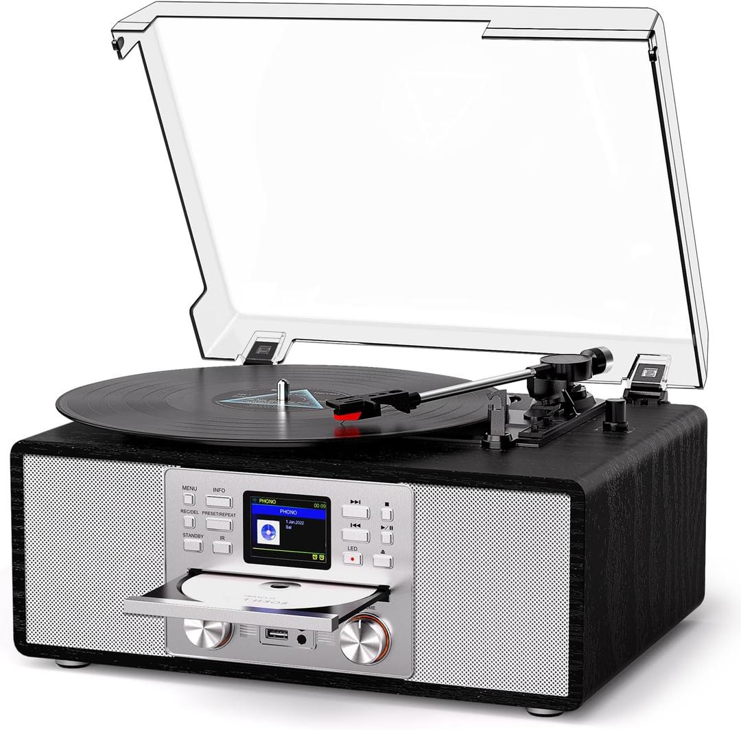 Bluetooth Vinyl Record Player with CD & Internet Radio, USB Recording, 3-Speed Belt-Drive Vintage Turntable with AUX/RCA, Tone Control & Remote Control, Retro Black Audio System for Home & Gift Use