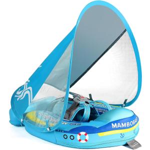 Mambobaby Float Add Tail No Flip Over Non-Inflatable Baby Swim Float Pearl Foam Solid Water Floats Smart Swim Trainer Infant Pool Float Swim Ring with Sun Canopy (Deluxe Boat Blue)
