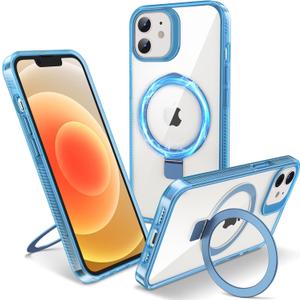 Flyzoo Magnetic Case for iPhone 12/ 12 Pro - [Built-in Invisible Stand] [Compatible with MagSafe] [Military Grade Drop Protection] Anti-Yellowing Hard Back Silicone Edge Cover, 6.1", Clear Blue