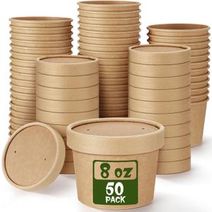 Fulmoon 50 Pack 8 oz Paper Soup Containers with Lids, Disposable Kraft Paper Soup Cups Ice Cream Bowls Food Storage with Lids, Microwavable and Freezer Safe (Brown)