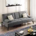 Shintenchi Futon Sofa Bed, Velvet Foldable Couch Reclining Sleeper w/Removable Armrests, Upholstered Loveseat w/Folding Cup Holders for Home, Office, Dark Gray