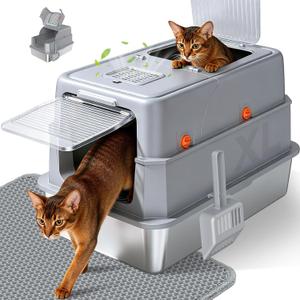 Stainless Steel Litter Box with Lid, High Sided Enclosed Metal Litter Box for Big Cats, Easy Cleaning Anti-Urine Leakage, Non-Sticky Cat Box, Front Entry Top Exit KittyBox, Includes Mat & Scoop