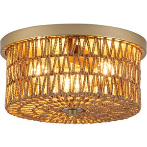 Rattan Ceiling Light, 3 Light Boho Light Fixture, Round Woven Flush Mount Ceiling Light for Entryway, Hallway, Bedroom, Kitchen