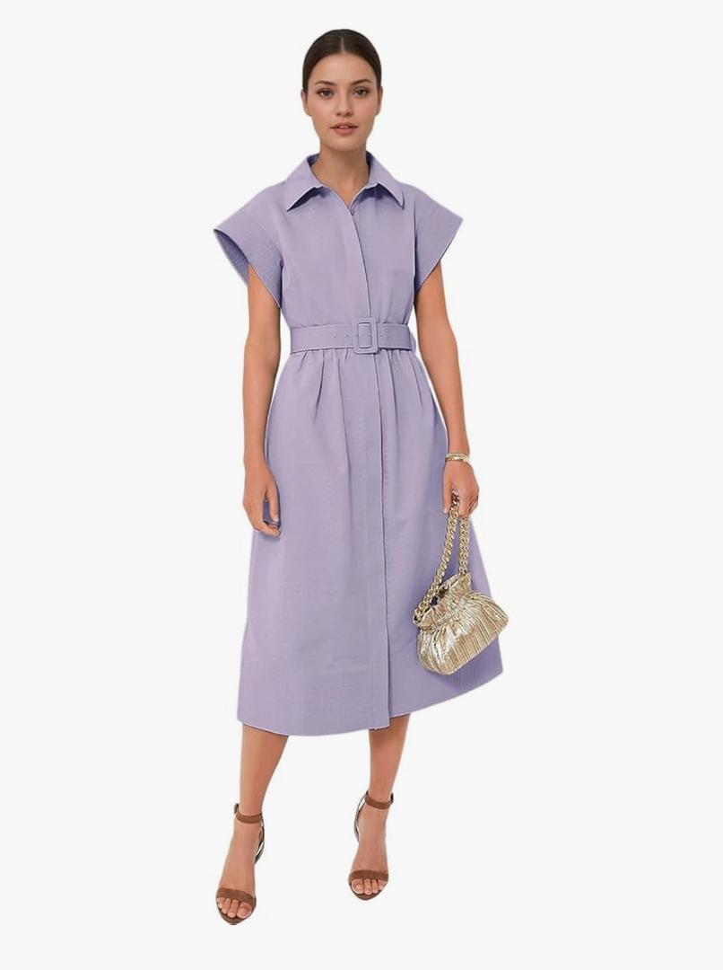 Jenkoon Women's Turn Down Collar Shirt Dress with Belt Short Sleeve Shell Trench Coat Formal Dresses S