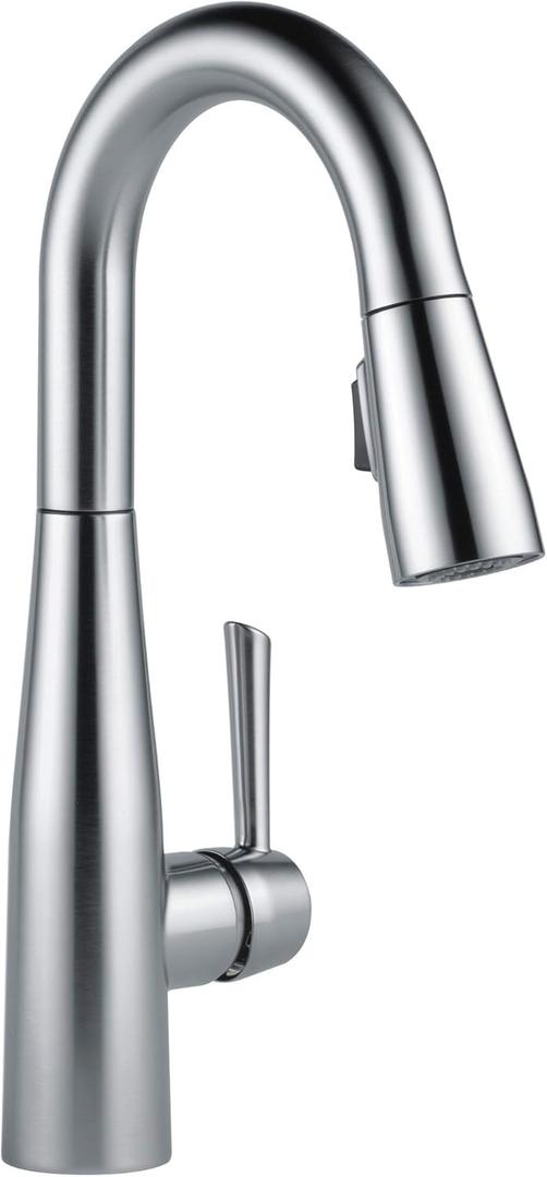 Delta Essa Brushed Nickel Bar Sink Faucet with Pull Down Sprayer, Modern Single Hole Prep Sink Faucet, Single Handle, Arctic Stainless 9913-AR-DST