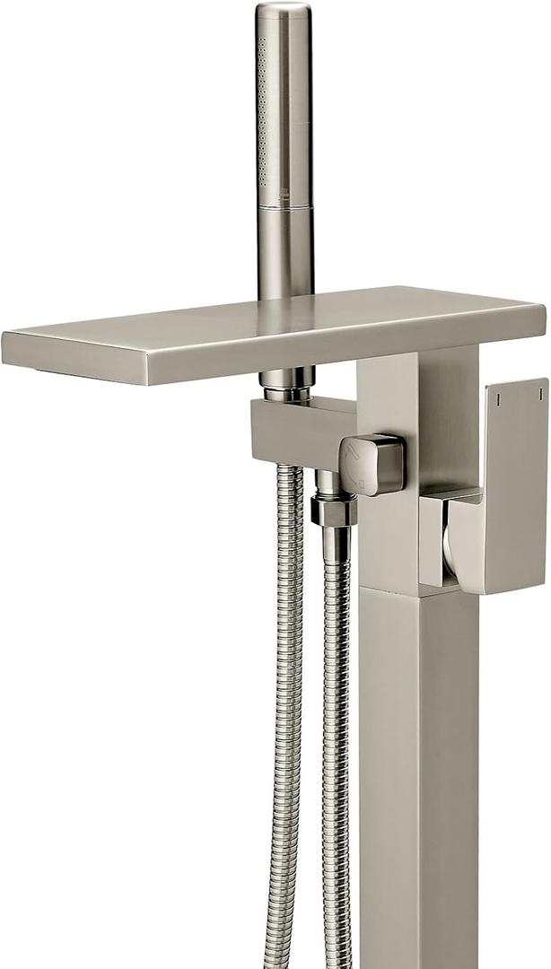 Hoimpro Freestanding Bathtub Faucet Waterfall Tub Filler Brushed Nickel Floor Mount Brass Single Handle Bathroom Tub Faucets with 2 Function Hand Shower Wand