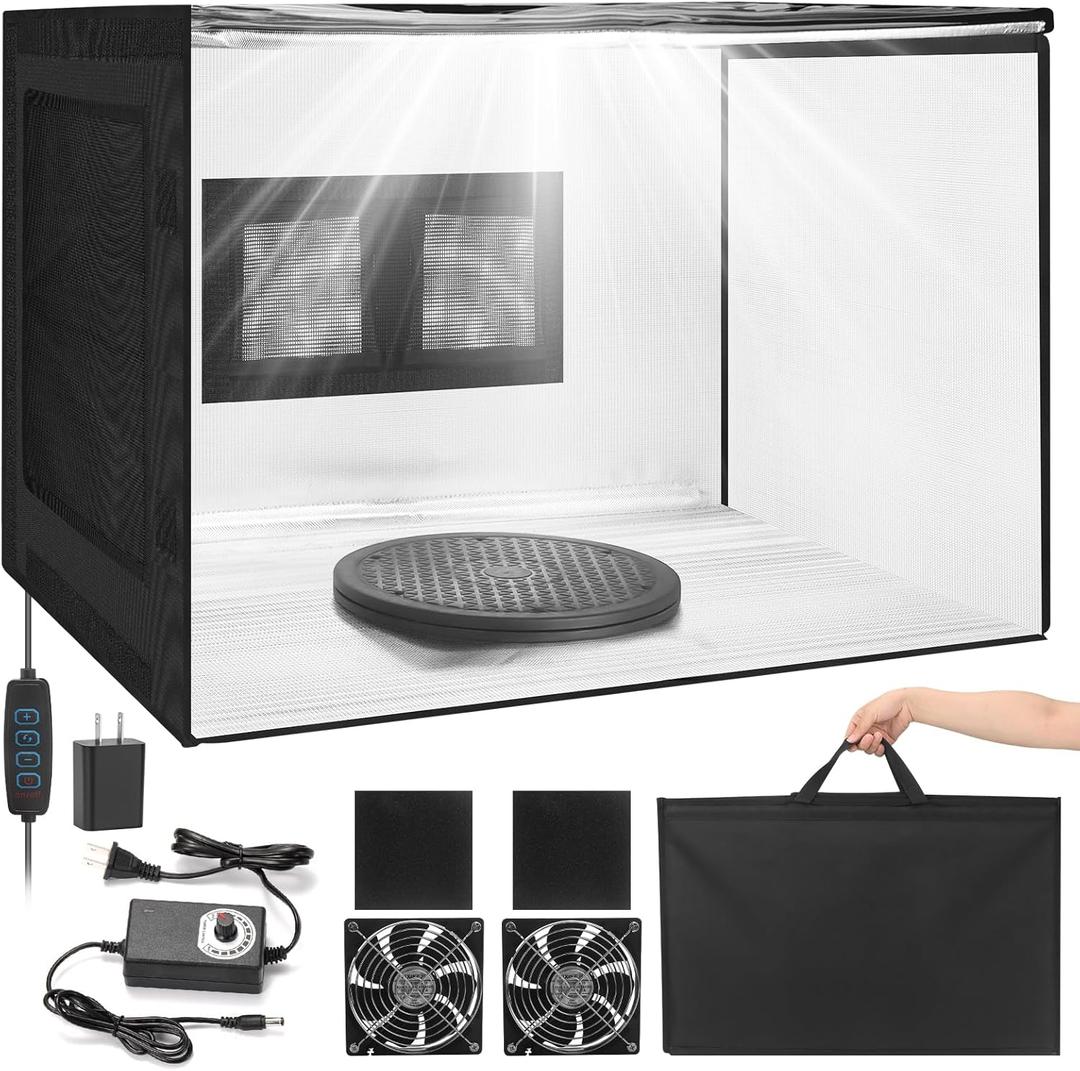 Portable Airbrush Spray Booth with Dual-Fan Ventilation & 3-Color Shadowless LED Light, Large Foldable Hobby Paint Booth Kit with Turntable & Exhaust Hose for Miniature Painting and Models, Crafts (1)