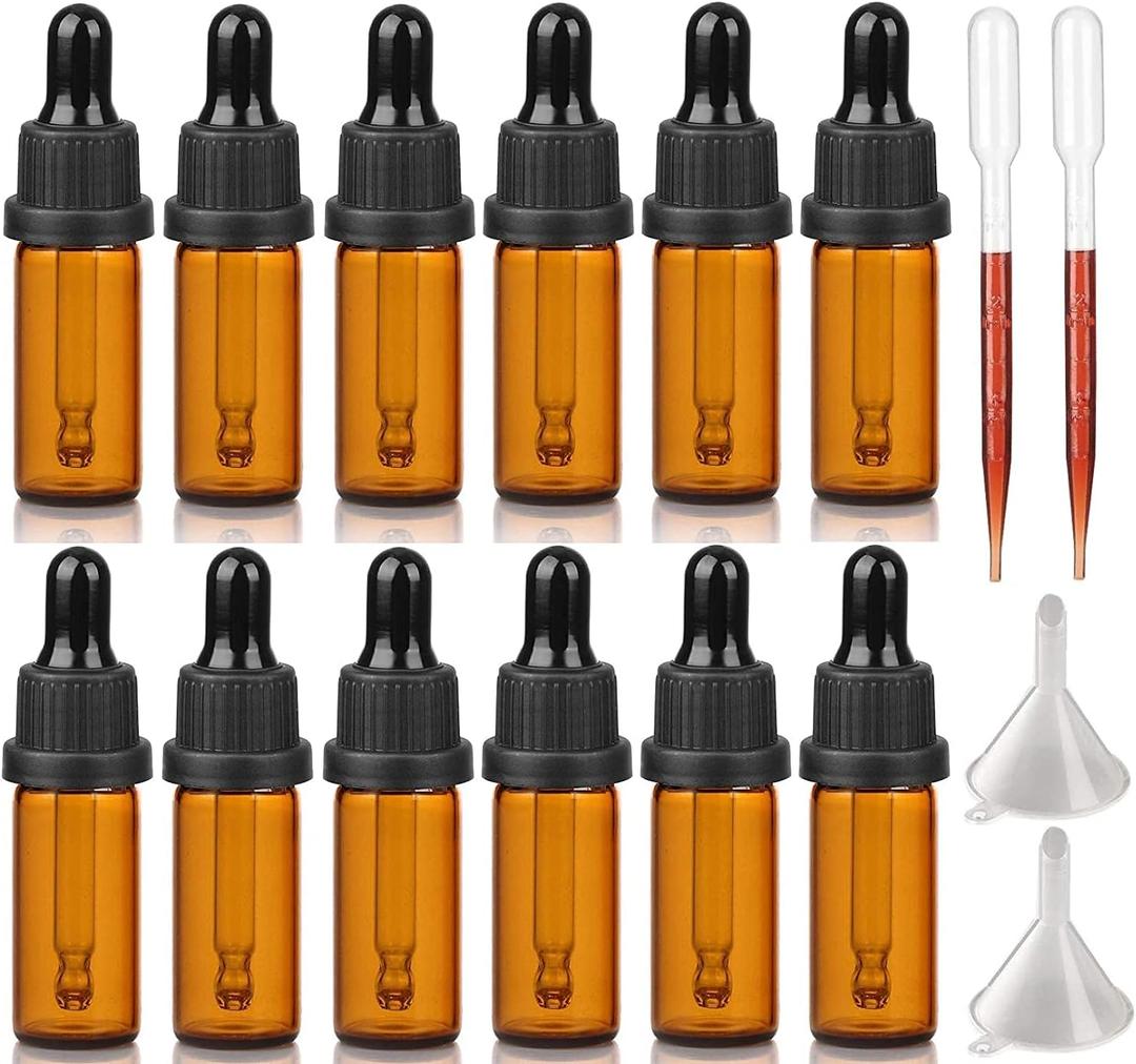 12Pcs 5ml Amber Glass Dropper Bottle with Glass Pipette, Refillable for Essential Oil Aromatherapy Blends